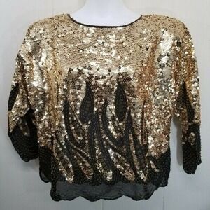 Hand Embroidered Size 44‎ Gold Black Paisley Sequins Top Cosplay Bling Pin Up